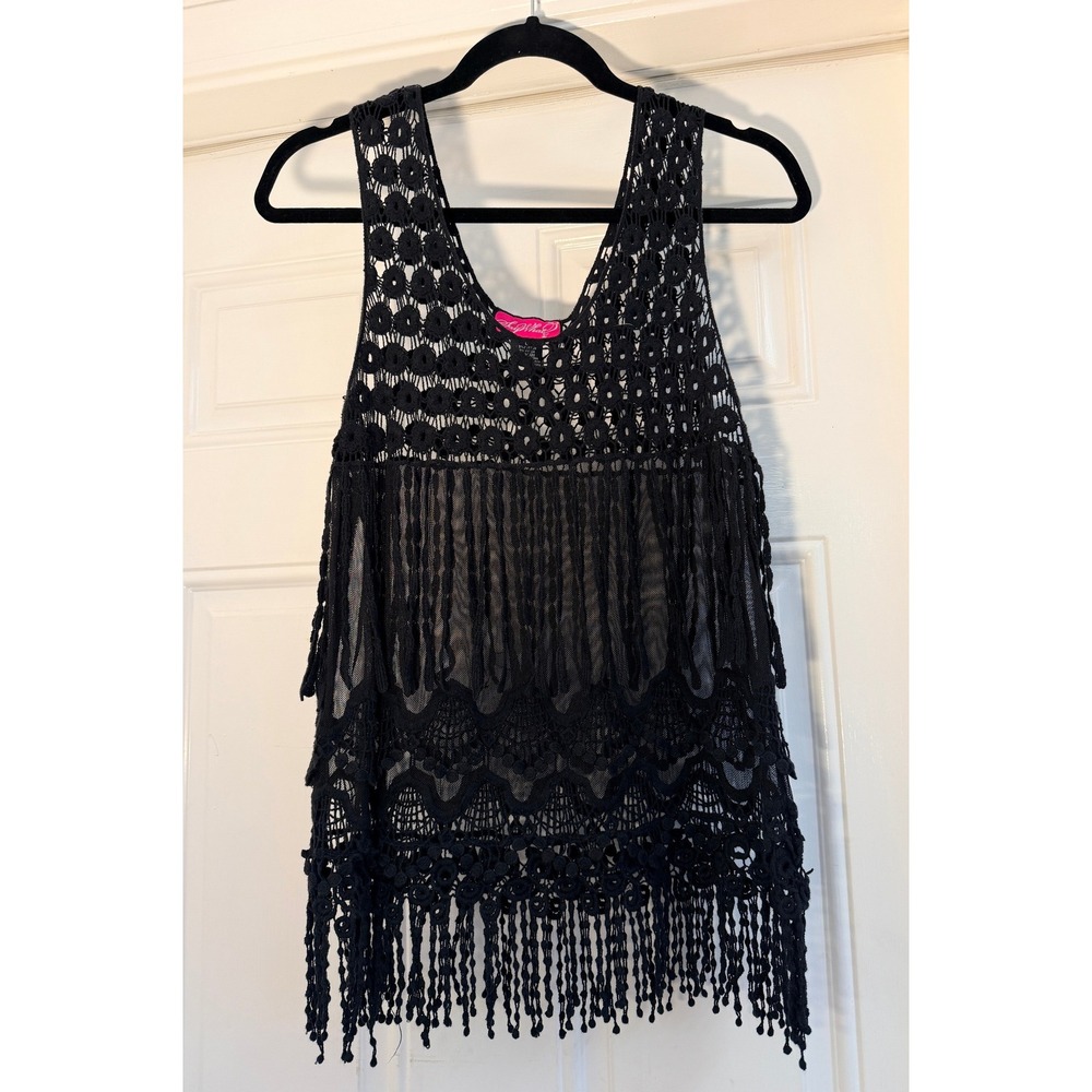 Say What? Black Lace Crochet Fringe Boho Festival Whimsygoth Tank Top Size Large